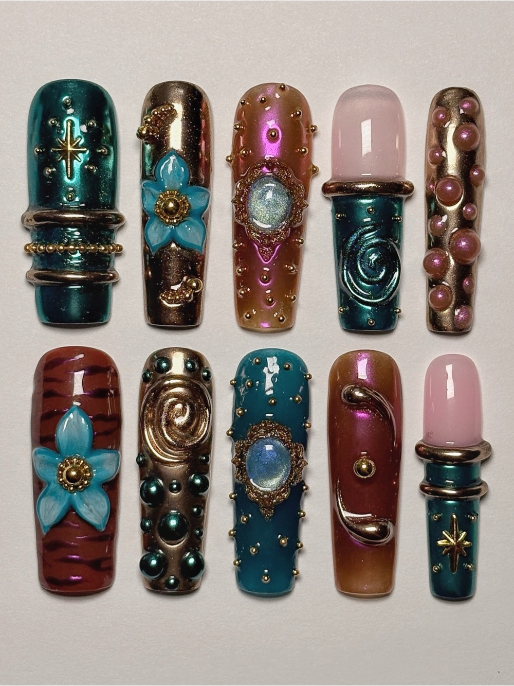 Handcrafted 3d Bangle Nails - Teal & Burgundy Decorative Press-On Nail Set